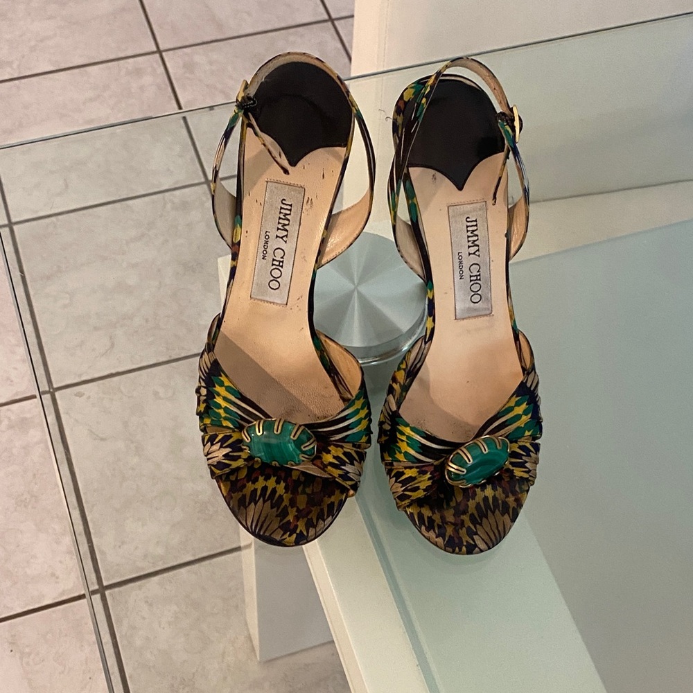 Jimmy Choo Green and Yellow Patterned Sandals